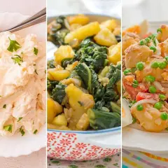 Tres deliciosas recetas con patatas: ensaladilla cremosa, patatas con espinacas y ensalada de patata con atún y huevo.