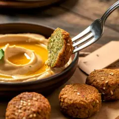 Un falafel recién hecho, con su interior verde y crujiente, se sumerge en cremoso hummus.
