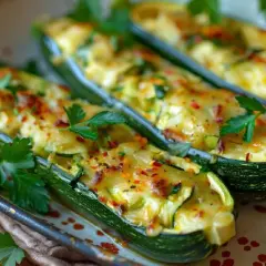 Calabacines rellenos gratinados, una de las mejores recetas con calabacín. Decorados con perejil fresco y pimiento rojo triturado.
