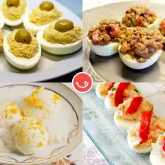Cuatro variaciones de recetas con huevos: rellenos con aceituna, carne, salsa y pimientos.