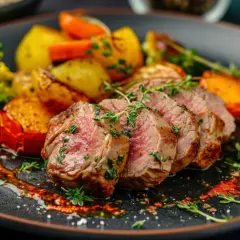 Solomillo de cerdo jugoso, cocinado en airfryer, servido con patatas asadas, brócoli y zanahoria. ¡Un plato delicioso!