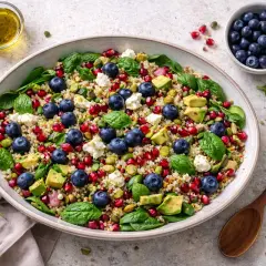 Ensalada de quinoa vibrante con arándanos, granada, aguacate, queso feta y espinacas. ¡Una explosión de sabor y color!