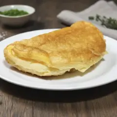 Tortilla francesa dorada y esponjosa servida en plato blanco, con hierbas y sal alrededor.