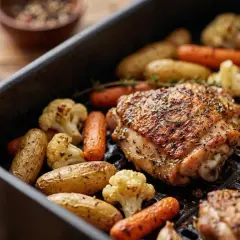 Contramuslos de pollo asados con patatas, zanahorias y coliflor en una bandeja.