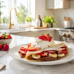 Delicioso crepe relleno de chocolate, fresas y plátano, coronado con crema batida y más fresas. Una receta de crepes perfecta para disfrutar.