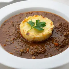 Lentejas estofadas Arguiñano, un plato reconfortante con puré de patatas gratinado y perejil fresco.