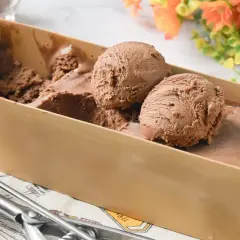 Dos bolas de helado de chocolate casero recién servidas en un recipiente, con una cuchara para helado al lado.