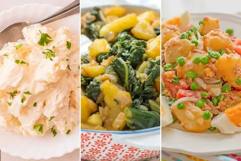 Tres deliciosas recetas con patatas: ensaladilla cremosa, patatas con espinacas y ensalada de patata con atún y huevo.