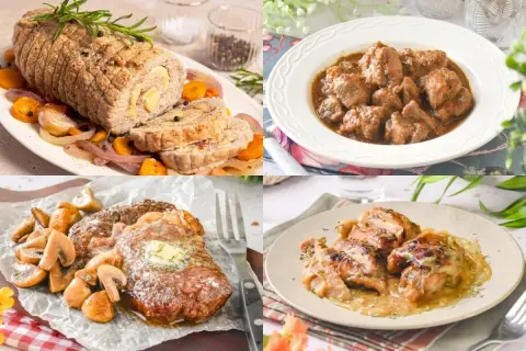 Collage de deliciosas recetas de carnes: rollo de carne asada, estofado, bistec con champiñones y pollo en salsa.