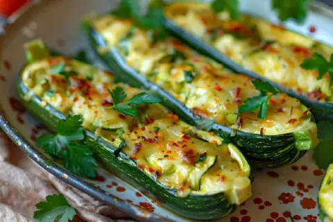 Calabacines rellenos gratinados, una de las mejores recetas con calabacín. Decorados con perejil fresco y pimiento rojo triturado.