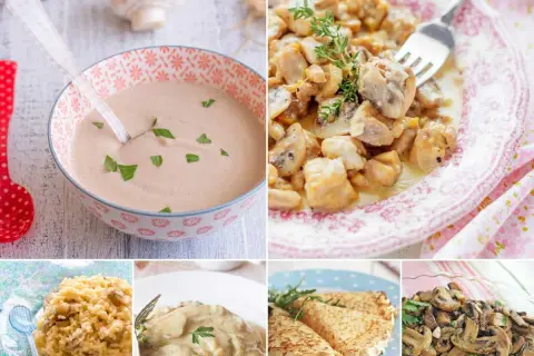 Variedad de recetas con champiñones: crema, pollo, risotto, crepes y champiñones salteados. ¡Deliciosas ideas para tu cocina!