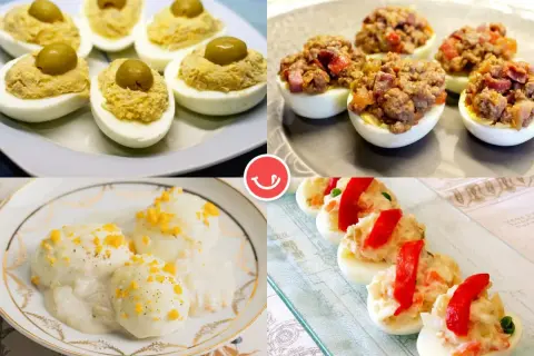 Cuatro variaciones de recetas con huevos: rellenos con aceituna, carne, salsa y pimientos.
