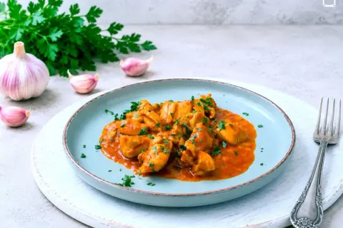 Sabroso pollo al curry con perejil picado, servido en un plato azul. Acompañado de ajos y un manojo de perejil fresco.