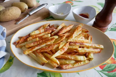 Patatas fritas doradas y crujientes, recién hechas en freidora de aire. Perfectas para acompañar cualquier comida.