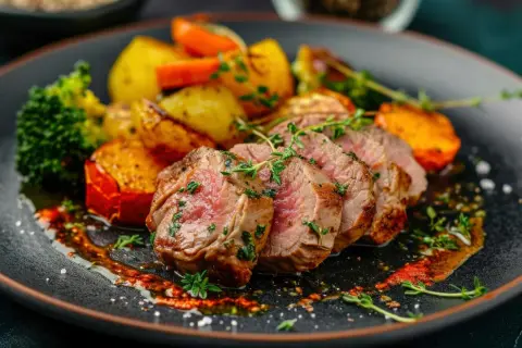 Solomillo de cerdo jugoso, cocinado en airfryer, servido con patatas asadas, brócoli y zanahoria. ¡Un plato delicioso!