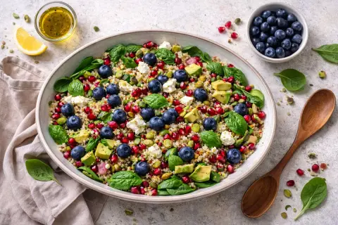 Ensalada de quinoa vibrante con arándanos, granada, aguacate, queso feta y espinacas. ¡Una explosión de sabor y color!