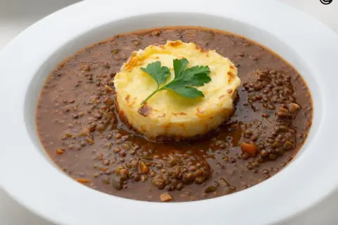 Lentejas estofadas Arguiñano, un plato reconfortante con puré de patatas gratinado y perejil fresco.