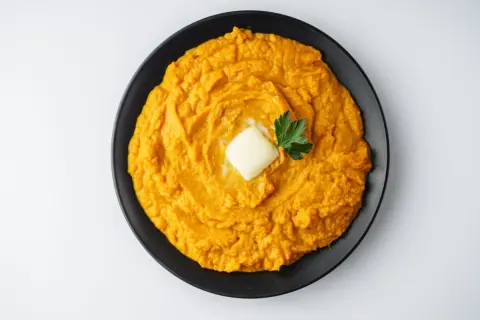 Un cremoso puré de boniato, coronado con una pastilla de mantequilla y perejil fresco, listo para disfrutar.