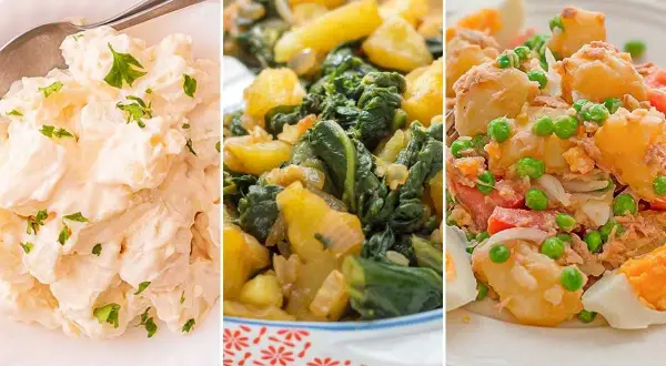Tres deliciosas recetas con patatas: ensaladilla cremosa, patatas con espinacas y ensalada de patata con atún y huevo.