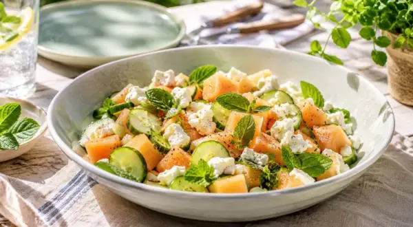 Refrescante ensalada de melón con pepino, queso feta y menta, perfecta para un día soleado.