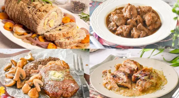 Collage de deliciosas recetas de carnes: rollo de carne asada, estofado, bistec con champiñones y pollo en salsa.