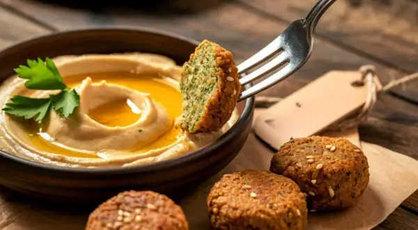 Un falafel recién hecho, con su interior verde y crujiente, se sumerge en cremoso hummus.