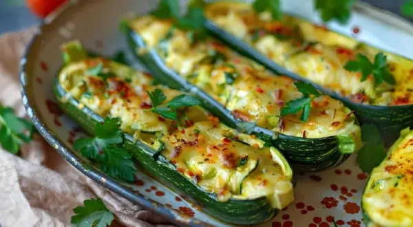 Calabacines rellenos gratinados, una de las mejores recetas con calabacín. Decorados con perejil fresco y pimiento rojo triturado.