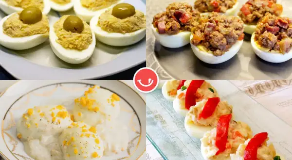 Cuatro variaciones de recetas con huevos: rellenos con aceituna, carne, salsa y pimientos.