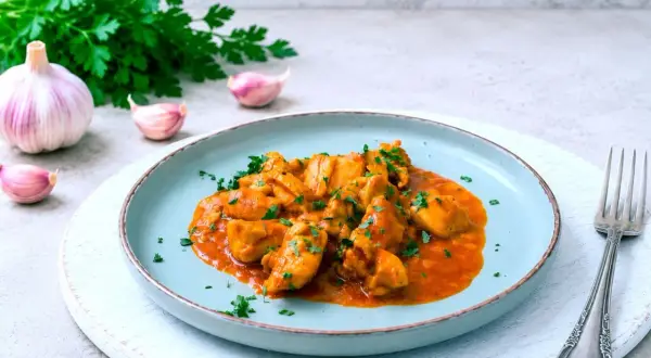Sabroso pollo al curry con perejil picado, servido en un plato azul. Acompañado de ajos y un manojo de perejil fresco.