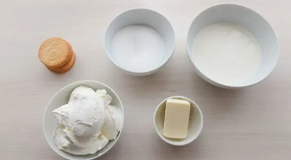 Ingredientes para tarta de queso sin horno: queso crema, azúcar, nata, mantequilla y galletas.