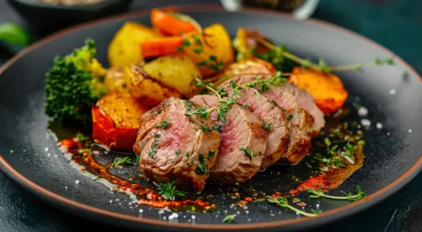 Solomillo de cerdo jugoso, cocinado en airfryer, servido con patatas asadas, brócoli y zanahoria. ¡Un plato delicioso!