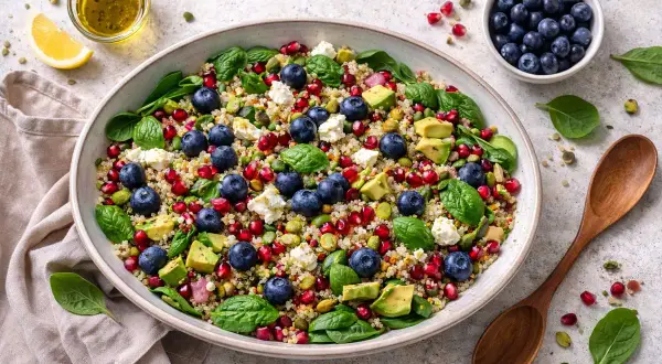 Ensalada de quinoa vibrante con arándanos, granada, aguacate, queso feta y espinacas. ¡Una explosión de sabor y color!