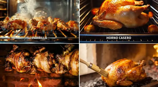 Cuatro formas de preparar un delicioso pollo a la brasa: en parrilla, horno casero, rotatorio y a la rejilla.