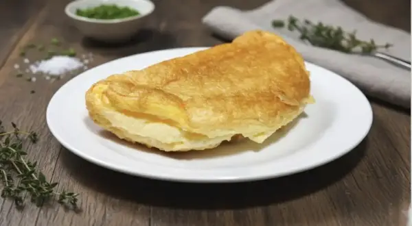 Tortilla francesa dorada y esponjosa servida en plato blanco, con hierbas y sal alrededor.
