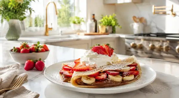 Delicioso crepe relleno de chocolate, fresas y plátano, coronado con crema batida y más fresas. Una receta de crepes perfecta para disfrutar.