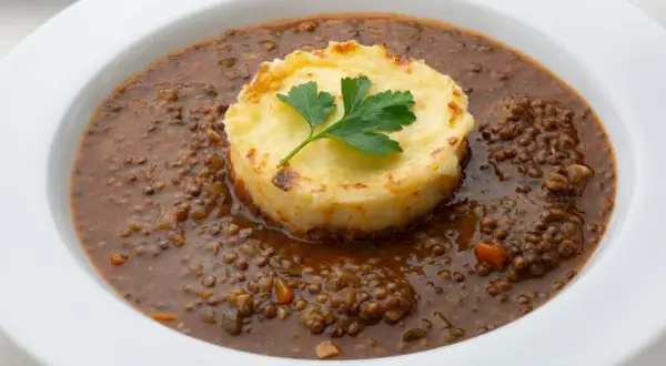 Lentejas estofadas Arguiñano, un plato reconfortante con puré de patatas gratinado y perejil fresco.