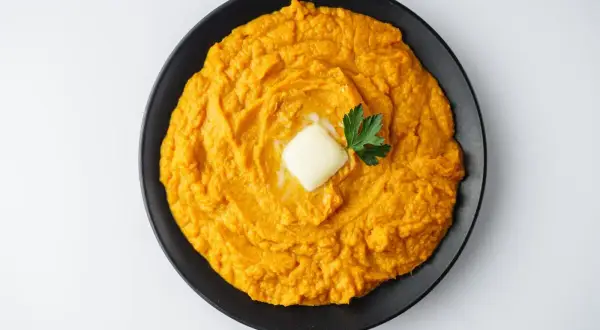 Un cremoso puré de boniato, coronado con una pastilla de mantequilla y perejil fresco, listo para disfrutar.