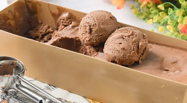 Dos bolas de helado de chocolate casero recién servidas en un recipiente, con una cuchara para helado al lado.