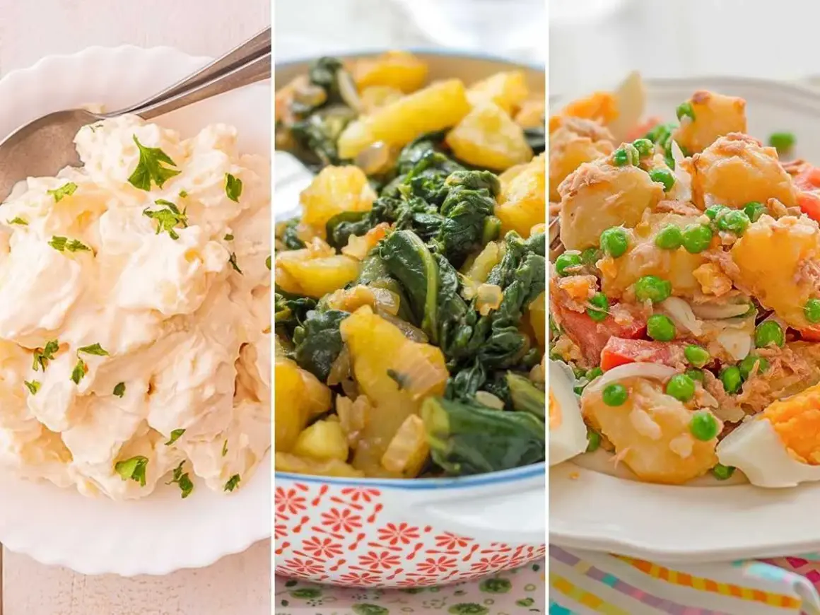 Tres deliciosas recetas con patatas: ensaladilla cremosa, patatas con espinacas y ensalada de patata con atún y huevo.