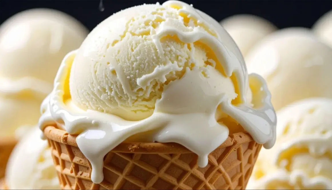 Cremoso helado de queso derritiéndose sobre un cono crujiente. ¡Un postre irresistible!