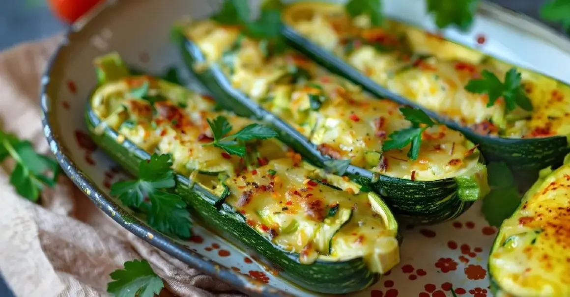 Calabacines rellenos gratinados, una de las mejores recetas con calabacín. Decorados con perejil fresco y pimiento rojo triturado.