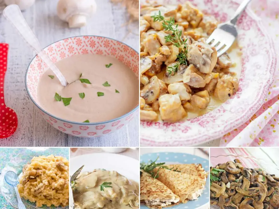 Variedad de recetas con champiñones: crema, pollo, risotto, crepes y champiñones salteados. ¡Deliciosas ideas para tu cocina!