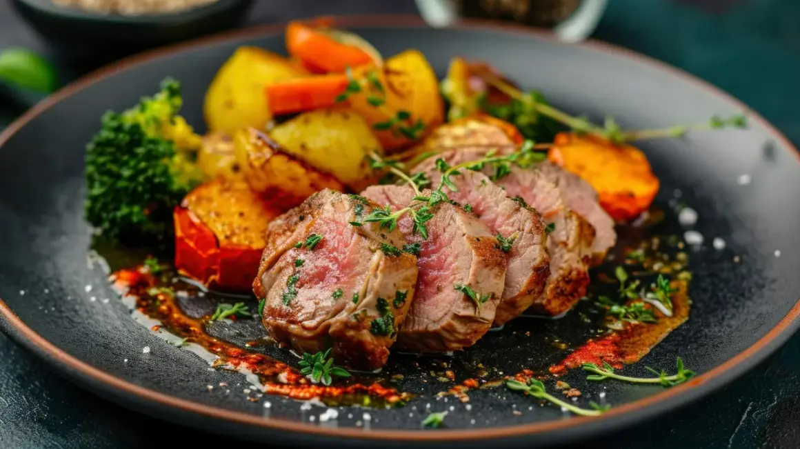 Solomillo de cerdo jugoso, cocinado en airfryer, servido con patatas asadas, brócoli y zanahoria. ¡Un plato delicioso!