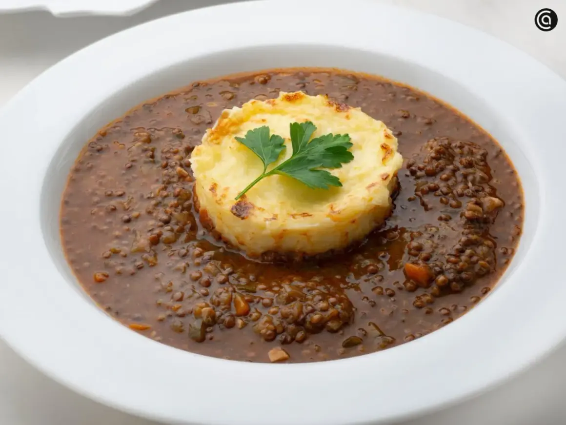 Lentejas estofadas Arguiñano, un plato reconfortante con puré de patatas gratinado y perejil fresco.