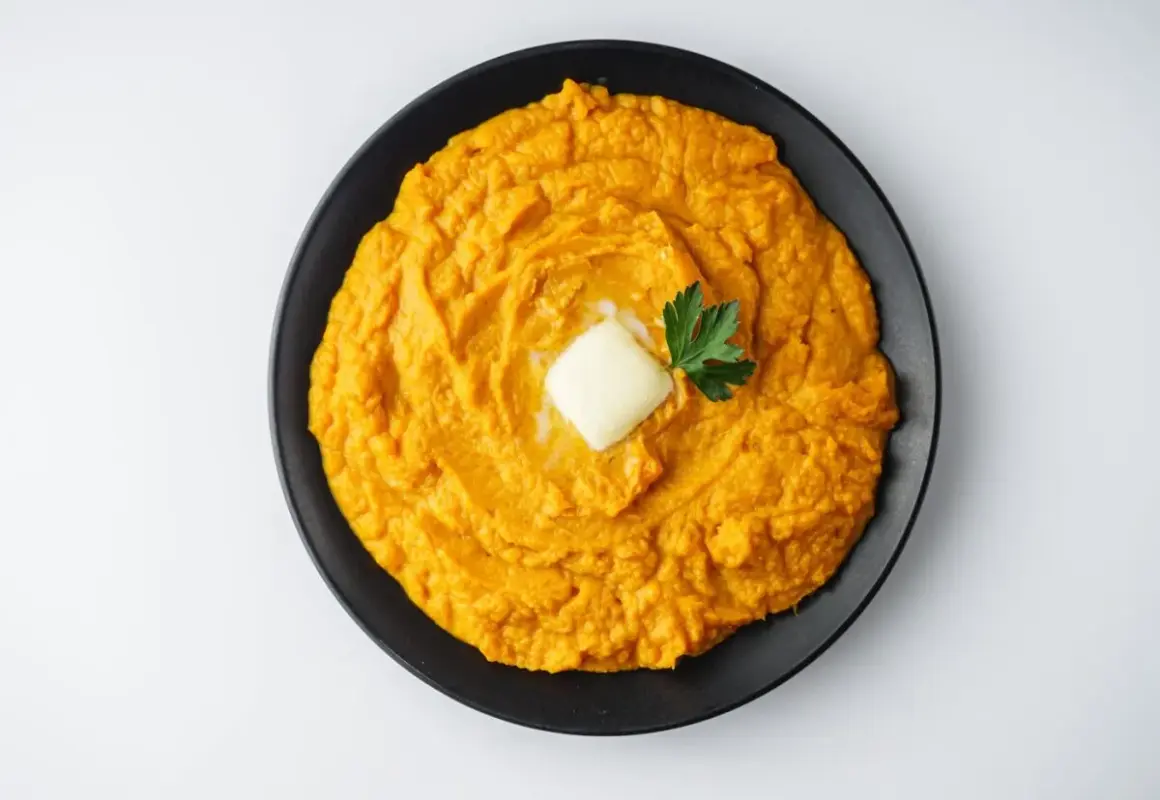 Un cremoso puré de boniato, coronado con una pastilla de mantequilla y perejil fresco, listo para disfrutar.