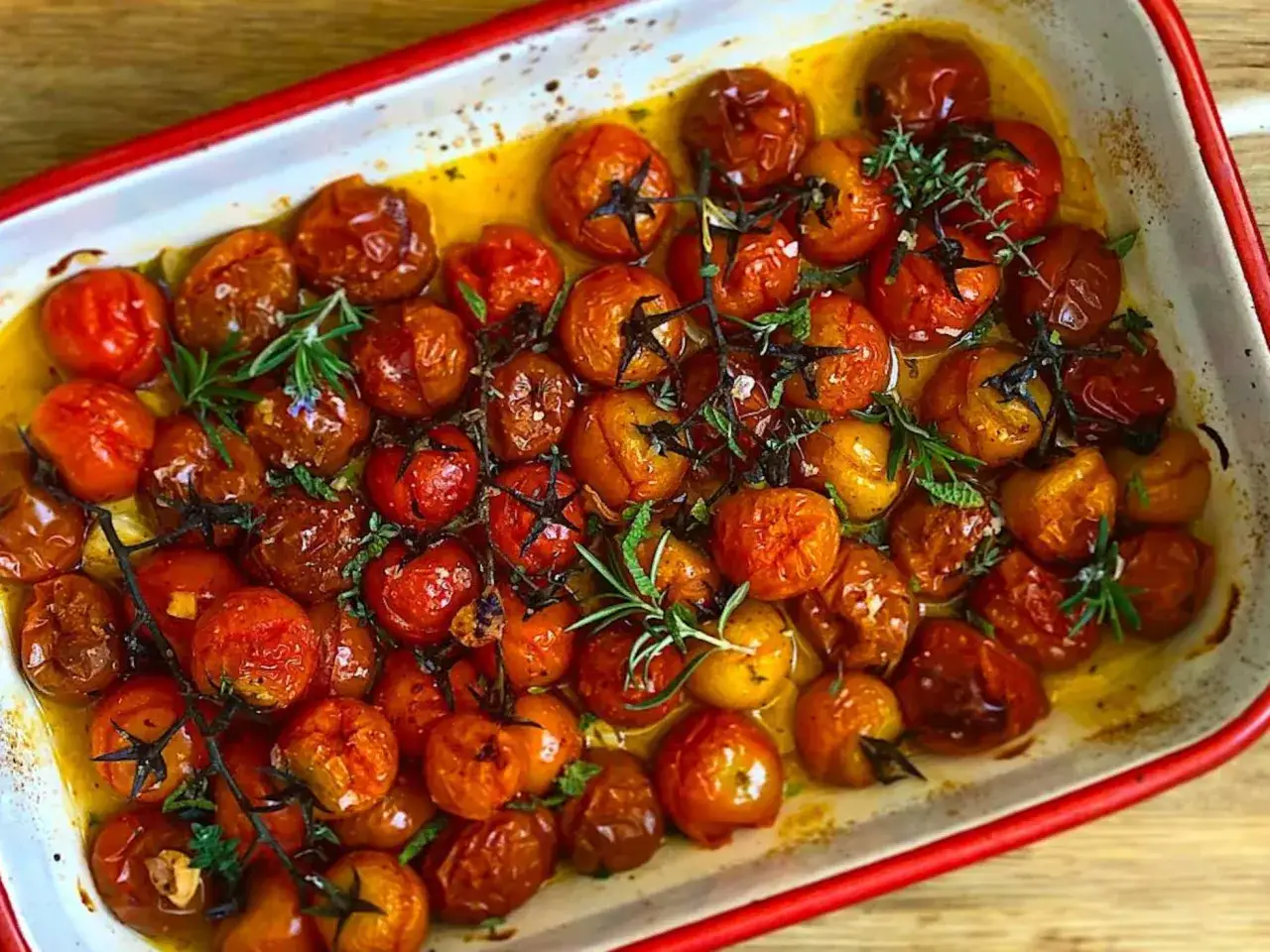 Tomates al horno jugosos y dorados, con hierbas frescas, listos para disfrutar.