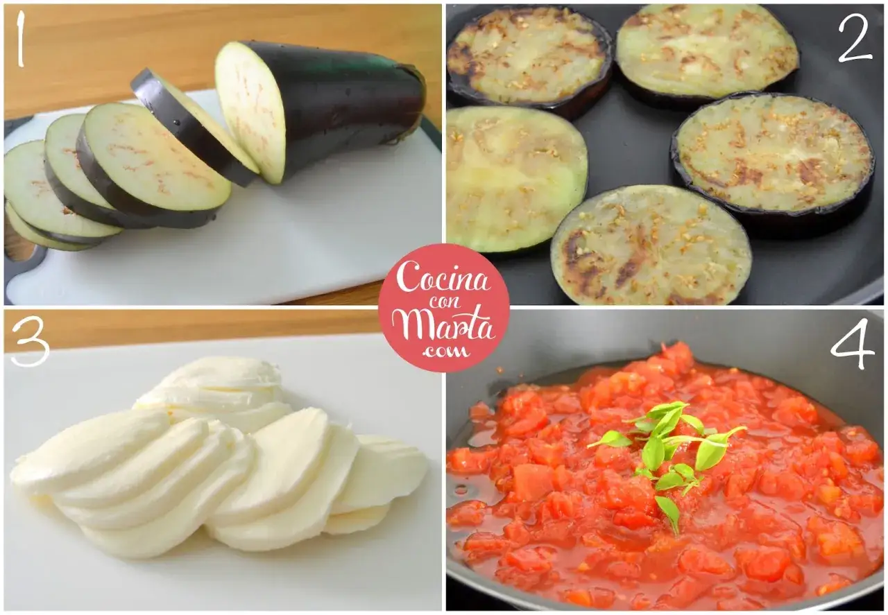 Rodajas de berenjena cortadas, doradas y mozzarella en rodajas, listas para preparar una deliciosa parmigiana di melanzane.