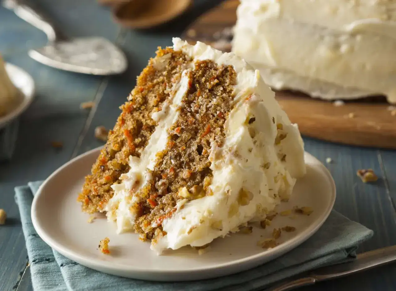 Un delicioso bizcocho de zanahoria con glaseado cremoso y trozos de nuez, listo para ser disfrutado.