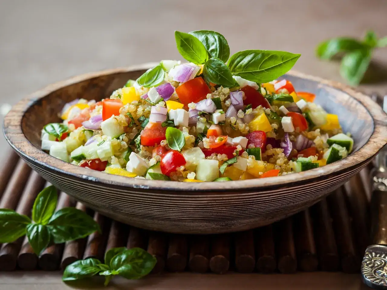 Ensalada de quinoa vibrante con tomate, pepino, pimiento amarillo, cebolla morada y queso feta, decorada con hojas de albahaca fresca.