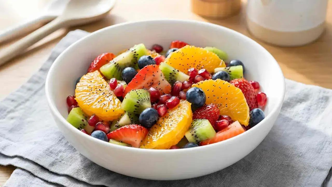 Un refrescante tazón de macedonia de frutas con fresas, kiwi, naranja, arándanos y granada, espolvoreado con semillas de amapola.